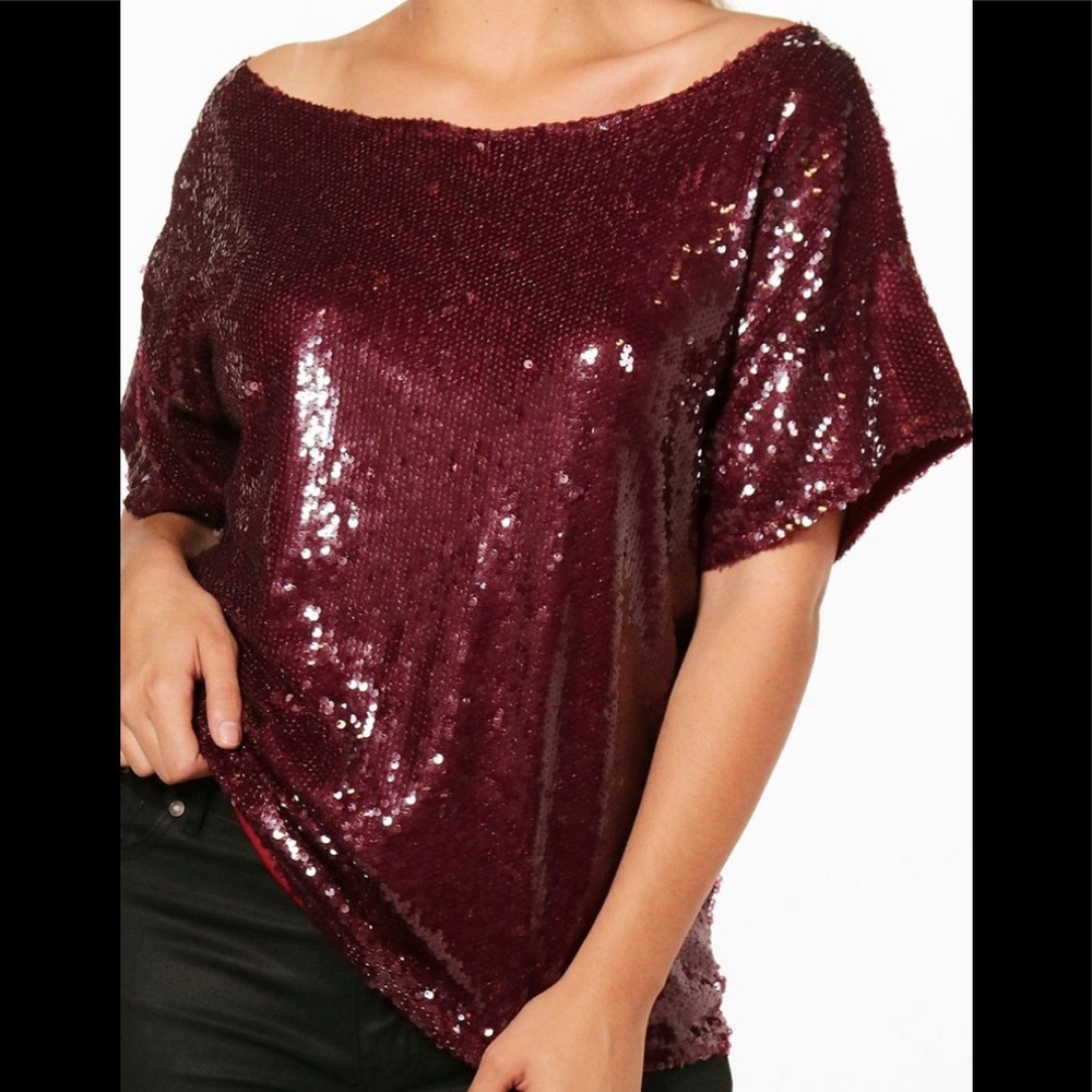 Boohoo®️ Slash Neck Oversized Sequin Top